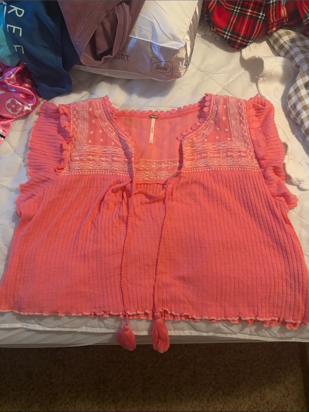 Free People Coral Pink Embroidered Flutter Sleeve Blouse